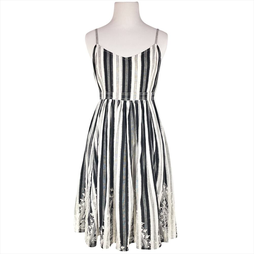 PLENTY BY TRACY REESE Striped Embroidered Fit & Flare Dress Black/Ivory Size 4